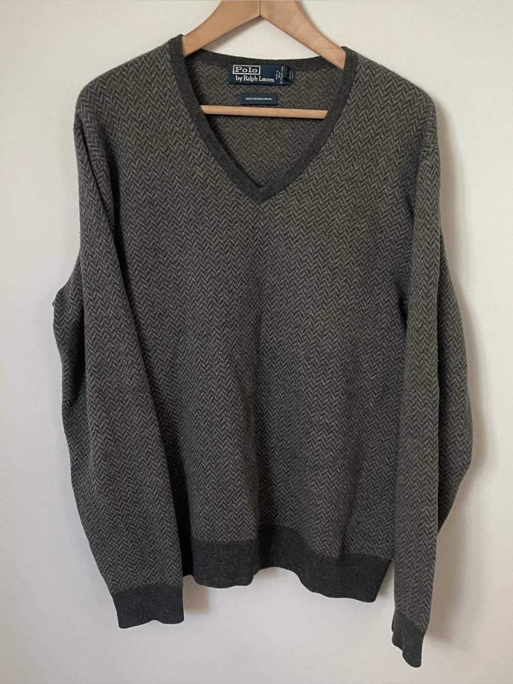 Polo Ralph Lauren Merino Wool Herringbone V Neck Sweater Grey Size Large